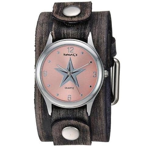 Little Star Ladies Pink Watch with Distressed Dark Brown Leather Cuff FGB355P