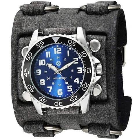 Hybrid Diver Blue/White Watch with Ring Distressed Dark Brown Leather Triple Strap Cuff