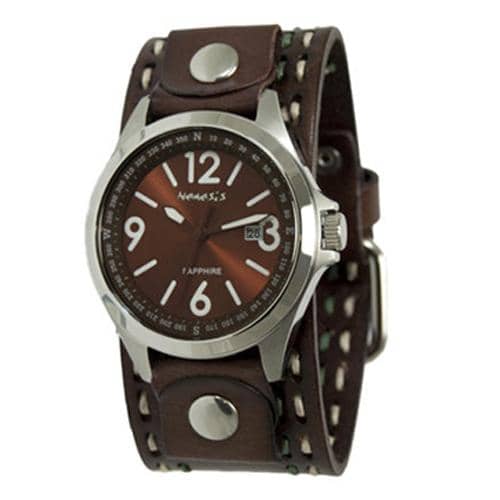Sapphire Crystal Brown Watch with Stitched Dark Brown Leather Cuff