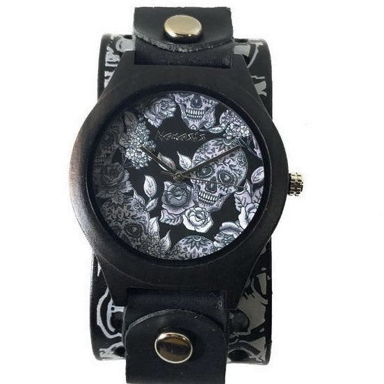 Day of The Dead Natural Wood Black Watch with Multi-Skull Black Leather Cuff MSK263